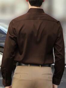 Men's Solid Color Formal Dress Shirt With Button Design, Long Sleeve - Coffee Brown - View 3