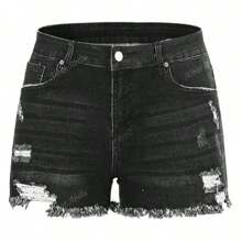 Shorts vaqueros de mujer a media cintura, con efecto rasgado, elásticos, con dobladillo deshilachado y casual