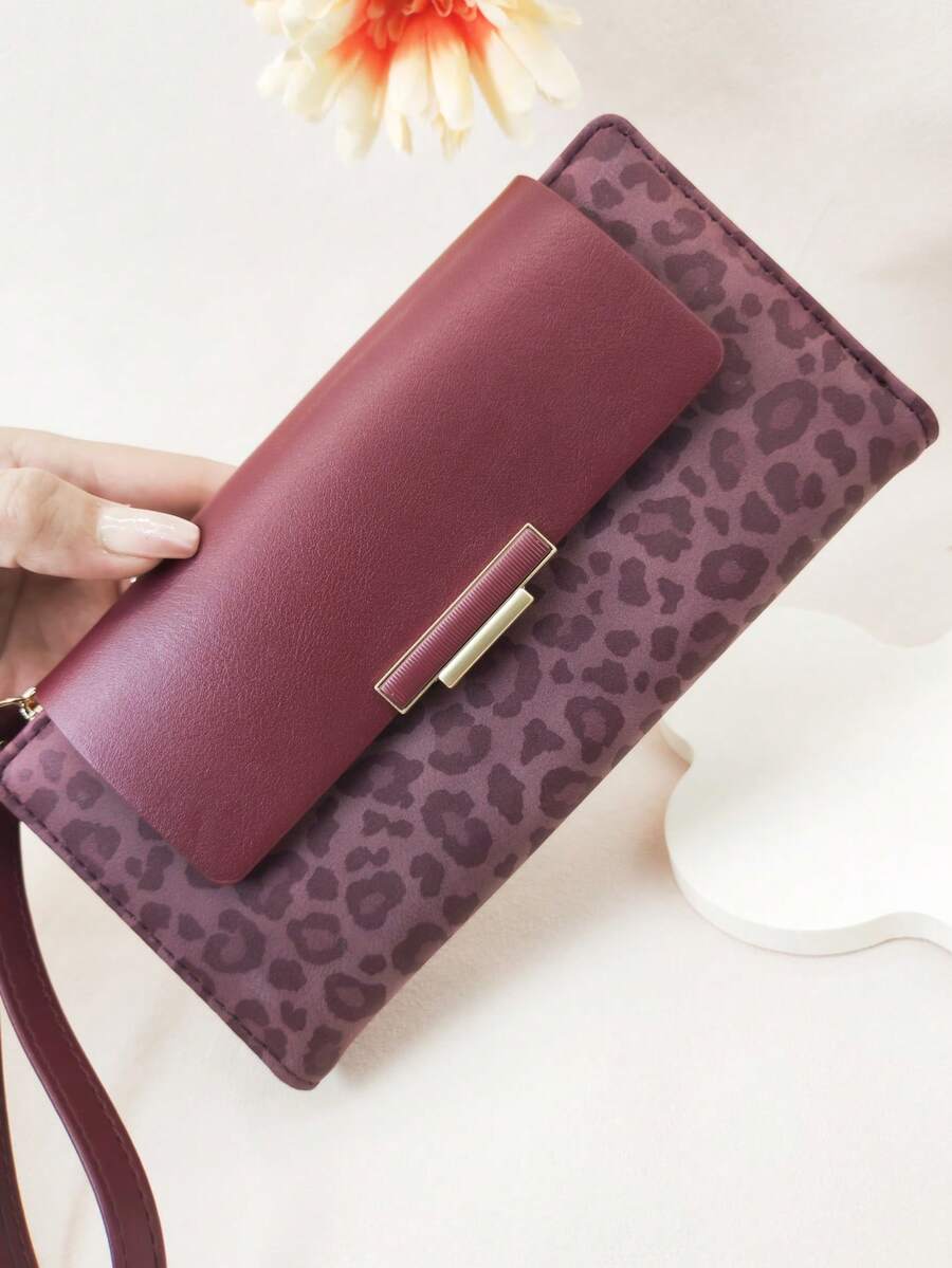 Women's Buckle Contrast Color Long Wallet Stylish Leopard Print Patchwork PU Leather Multifunctional Tote Zipper Coin Purse Card Holder ID Case Minimalist & Portable For Women Wallet Purse Wallet Wristlet Wallet - Burgundy - View 1