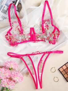 Ladies Sexy Lingerie Steel Support Gathering Bra Two Pieces Taping Heavy Craft Set - Rose Red - View 6