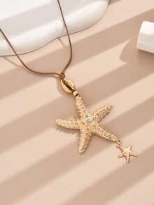 1 件时尚个性化海滩风格夸张海星水钻链吊坠蜡线项链，适合日常、节日派对、海滩旅行 - 金黃色 - 查看 3
