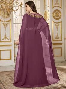 SUPGIR Abito elegante da sera nero con scollo a barchetta, maniche a pipistrello, vita arricchita da ricami, paillettes e perline - Viola rosso - Visualizzare 3