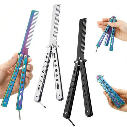 قطعة واحدة من الأمشاط المطوية على شكل فراشة من الفولاذ المقاوم للصدأ | أداة تسريح محمولة للرياضة في الهواء الطلق | تصميم متين مقاوم للصدأ ، مناسب للتخييم والجيم والسفر والتسريح السريع | مشط سفر متعدد الوظائف