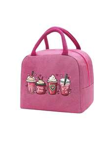 4杯装珍珠奶茶图案保温午餐包，粉色爱心和“真爱”图案保温午餐盒，带黑色餐具袋，大容量学生保温冷藏包 - 彩色 - 查看 18