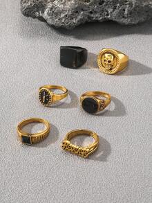 6pcs Set Stylish Street Punk Skull & Letter Design Rings, Men Casual Everyday Wear - Black - View 4