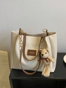 Bolso de PU de gran capacidad con decoración de cadena - Beis - Ver 10