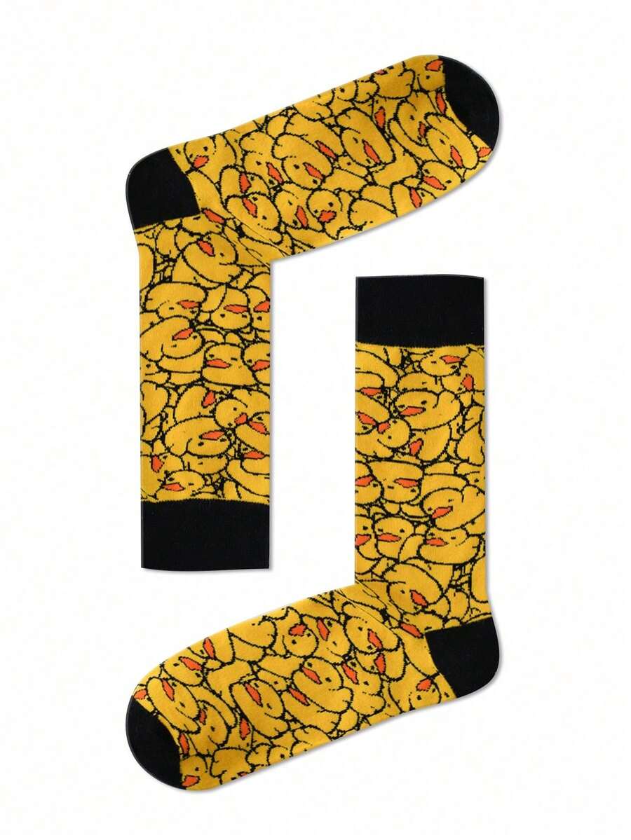1 Pair Unisex Yellow Duck Printed Crew Socks, Suitable For All Seasons, Couples Design, Fall - Multicolor - View 1