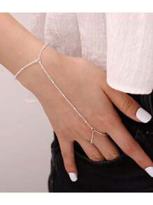 1 Pc Vintage Boho Personalized Plain Circle Beaded Satellite Chain Adjustable Finger Ring Chain Bracelet, Beach Holidays Durable Elegant Daily Accessory For Women