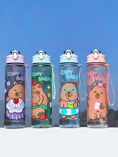 1pc 800ml Cute Cartoon Capybara Design Water Bottle With Straw, Leak-Proof, Anti-Drop, Portable For Kids/Students, Sports, Travel, Kindergarten, Boys And Girls