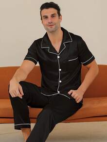 Two Pieces Sets Men's Pajamas With Open Button Top And Pants Set - Black - View 5