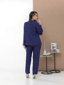 Women's Blazer And Tailored Pants Set - Navy Blue - View 2