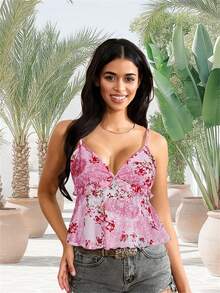 Women's Flower Print Cami Tops Summer V Neck Ruffle Flowy Camisole  Tank Tops - Rosa - Ver 5