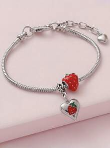 1pc Sweet Cute Simulated Oil Painting Heart-Shaped Strawberry Fruit Bracelet, Suitable For Daily Wear, Dating, Vacation And Casual Outfits