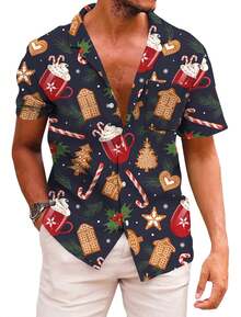 Hawaiian Shirts For Men Santa Claus Party Casual Button Down Short Sleeve Shirt With Pocket - Navy Blue - View 1