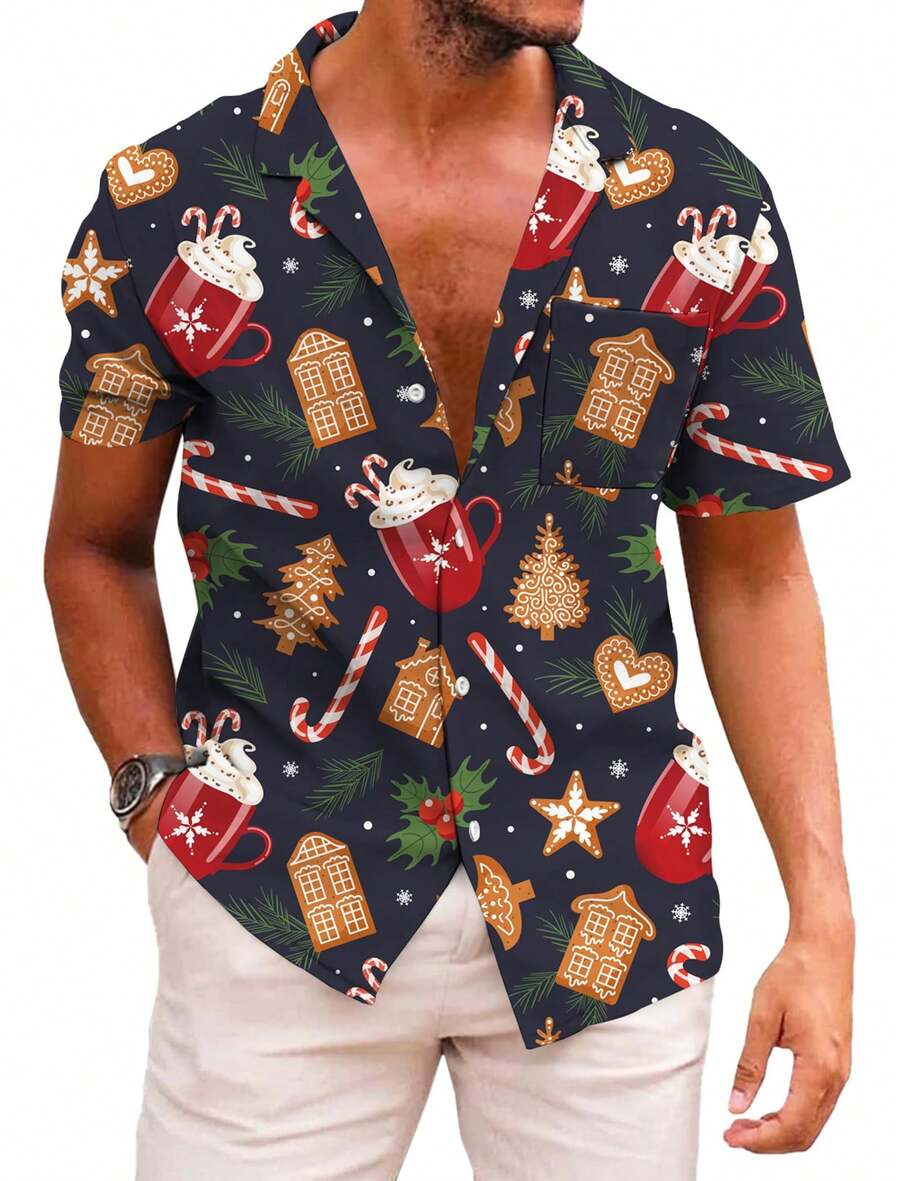 Hawaiian Shirts For Men Santa Claus Party Casual Button Down Short Sleeve Shirt With Pocket - Navy Blue - View 1
