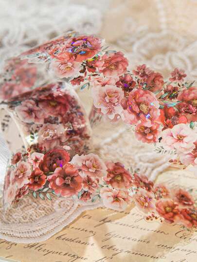 CANDY POETRY 1 Roll 1m Floral Decorative Washi Tape, Vintage Aesthetic Craft Tape, DIY Decoration Scrapbooking Material, Holiday Gift, Personalized Stationery For School,School Supplies,Back To School