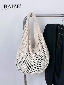 ENBEI Hollow Out Large Capacity Hand-Knitted Shopping Bag, Perfectly Matching With Vacation Outfits Women Handbag, Hollow Tote Bag, Shoulder Bag, Beach Wallet, Perfect For Summer, Vacation And Daily Use, Travel Essentials, Mother's Day Gift, Wallet Essentials, Teacher Gift, School Supplies, Beach Tote Bag Khaki With Pockets