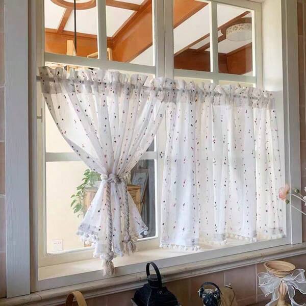 1pc Cream-Colored Candy Tulle Curtain, Cute Linen Sheer Cafe Curtain Panel, No-Drill Window Valance
