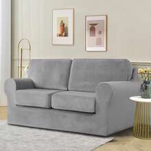 1/2/3 Seater Velvet Stretch Sofa Slipcover With Cushion Backrest Cover Velvet Stretch Sofa Cover Soft Chair Loveseat Couch Slipcover With Cushion Cover Stretch Couch Protector Slipcover - Light Grey - View 5