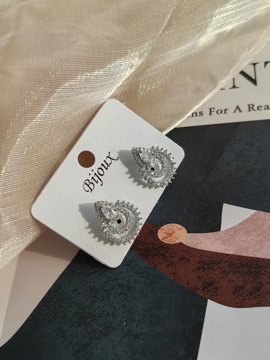Ear Stud Earrings Zirconia Decoration Studded Wedding Style Gifts - Plateado - Ver 1