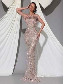 Vestido largo de malla elástica con diamantes brillantes y lentejuelas de cristal, vestido formal elegante sin tirantes para cóctel, boda, eventos de noche, invitados de boda