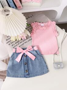 Conjunto de 2 peças de blusa regata fofa para meninas e saia jeans, conjunto leve de verão