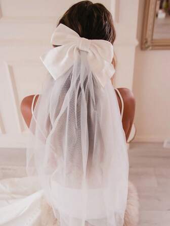 1pc White Long Double Layer Bow Bridal Wedding Veil,For Outdoor Wedding