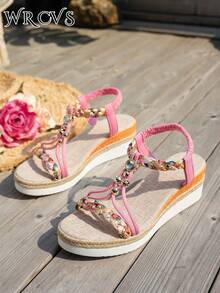 WRCVS 女士粉色编织带凉鞋，厚坡跟，手工串珠编织鞋底，轻便，度假波西米亚风格厚底户外凉鞋 - 粉色 - 查看 6