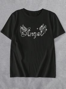 Love Joyy Plus Size Angel Rhinestone Graphic T-Shirt, Shiny Wing Pattern Top, Round Neck Short Sleeve Clothing, Suitable For Everyday Wear - Black - View 5