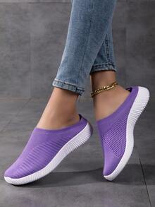 女式轻便舒适一脚蹬黑色平底休闲鞋，透气针织 - 紫色 - 查看 4