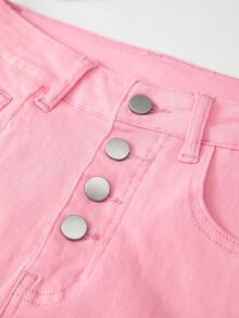 Women's Summer New Button-Up Distressed Raw Hem Mid-Waist Denim Shorts - Pink - View 4