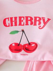 2pcs/Set Girls Cherry Print Top + Minimalist Versatile Shorts Set - Pink - View 4