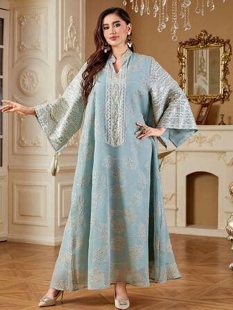 SISKAKIA 时尚端庄女装植物亮片阿拉伯连衣裙女士流苏派对节日优雅长裙