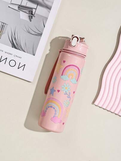 1pc 800ml Cute Cartoon Animal Pattern (Dinosaur, Rainbow) Leak-Proof Water Bottle With Straw, Carrying Strap, Shockproof Design - Suitable For Travel, Outdoor, Students, Kindergarten, Practical For School Use