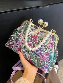 A Niche Design, High-Quality, Daily Versatile Handbag, Decorated With Pearl Chains, A Stylish And Elegant Crossbody Bag With A High Appearance Value, A Retro Floral Embroidered Clip Bag, Suitable For Commuting To Work, Dating, Gatherings And Gifts - 彩色 - 查看 11