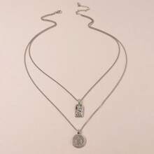 1pc European&American Popular Geometric Circle Coin Pendant Necklace, Double Layered Metal Minimalist Elegant Clavicle Chain For Women - Silver - View 7