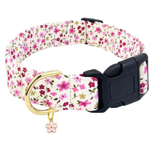 Soft & Comfortable Floral Print Pet Dog Collar With Flower Pendant, Adjustable & Washable Cute Dog Collar Necklace