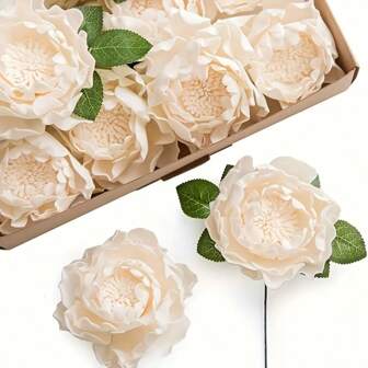 16 Cream Peony Artificial Flowers With Stems - Ideal For DIY Wedding Decor, Centerpieces, And Boutonnieres - No Power Required, Feather-Free - PVC Material
