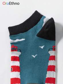 1 Pair Ankle Socks With Lighthouse Design, Blue & Red, Comfortable Breathable Moisture Wicking, Fun, Unique & Personalized Gift Idea - Multicolor - View 3