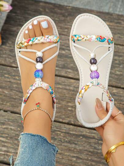 Women's Summer Retro Beaded Sandals, Flat Woven Casual Outdoor Slippers