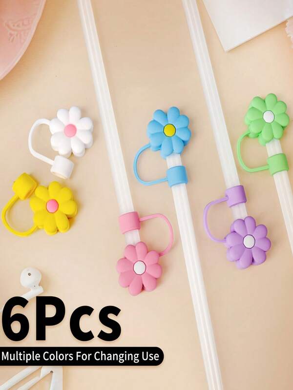 6pcs/Set Cartoon Flower Silicone Straw Covers, Reusable Dustproof Caps Fits 8-10mm Straws, PVC Cup Accessories, Outdoor Camping Straw Stoppers