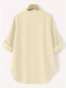 Women's Solid Color Cuff Sleeve Single-Breasted Casual Shirt, Modest