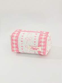 1 Piece Plaid Lace Quilted Pink Zipper Bag Sweet Style Large Capacity Bow&Love Portable Zipper Makeup Bags Fashionable Portable Makeup Bag, Multi-Functional Storage Bag For Lipstick, Sanitary Napkin, Coins, Keys Etc Women Skincare Organizer Bag Print Flower Makeup Organizer Storage Bag Graduation