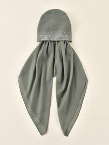 1 pieza/2 piezas Pañuelo musulmán de color liso con rhinestones para mujer, turbante de moda versátil adecuado para uso diario con vestido