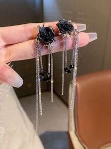 1 Pair Retro Black Rose Long Tassel Elegant & Chic Earrings, Luxury Niche High-End Design For Women