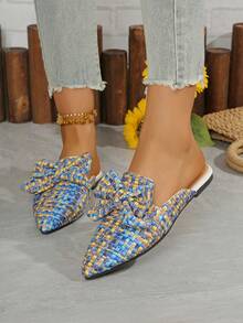 女士尖头白色蝴蝶结松紧带平底穆勒鞋，新款春秋户外日常休闲鞋，PU 皮革软底休闲平底鞋，多功能松紧带百搭平底女鞋 - 藍色 - 查看 5