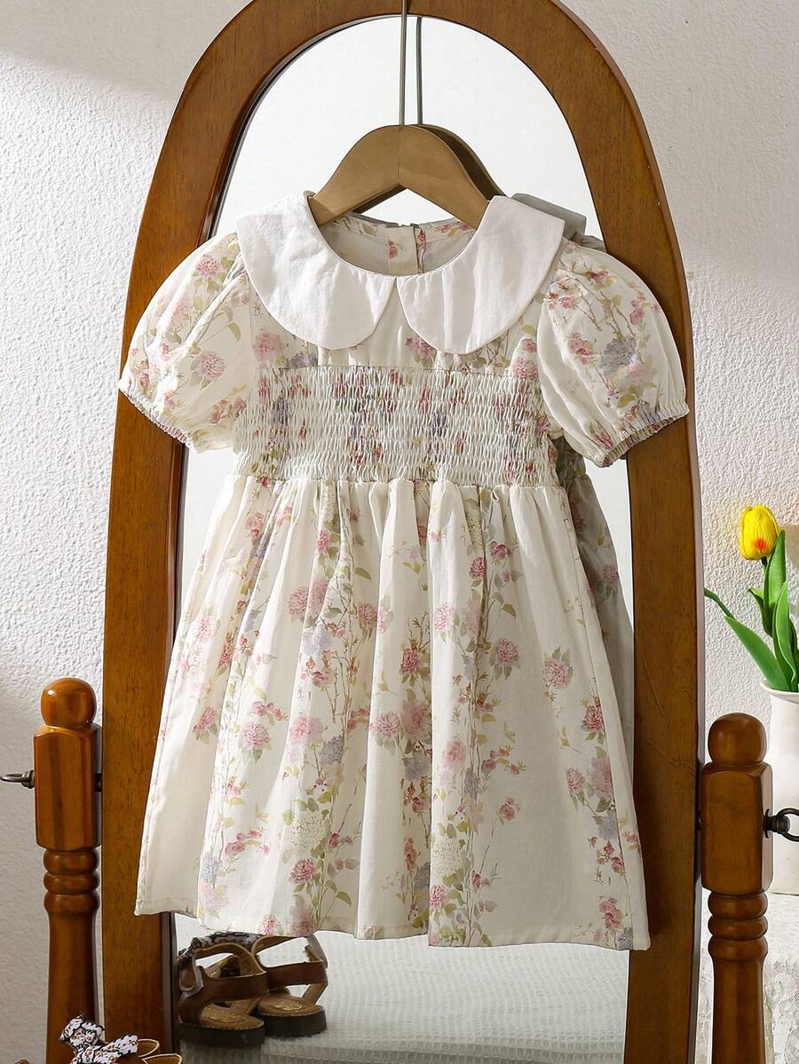 Summer Ditsy Floral Young Girls Dress With Ruffle Short Sleeve, Princess Style