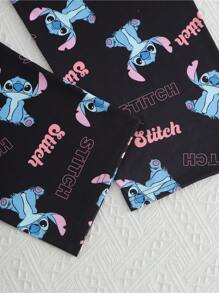 Disney Conjunto de pijama de 2 piezas con estampado de dibujos animados, Stitch, autorizado, de mujer. Incluye top de manga corta y cuello redondo, y pantalones. Confeccionado en tela de punto cómoda para uso en el hogar. Estilo casual elegante y romántico, ideal para vacaciones.