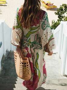 فستان طويل بكشكشة أكمام فانوس مع طباعة رقمية أسلوب عطلة كاجوال جديد لربيع وصيف 2025