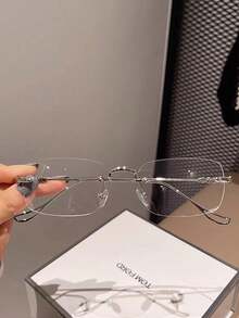 1pc Metallic Rimless Square Eyeglasses, Fashionable & Elegant For Men And Women - Clear - View 1